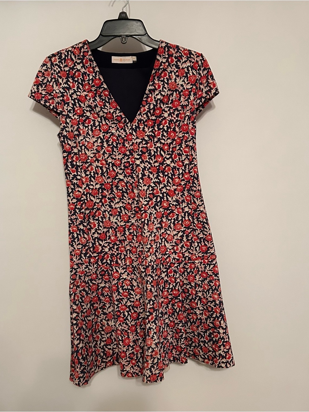 Tory Burch Red and Black Floral V-Neck Fit & Flare Dress
